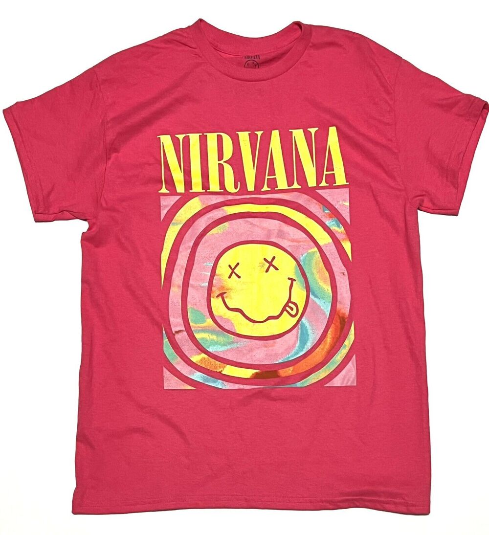 NIRVANA Smile Face Bright Pink Rainbow T-Shirt Tee Womens Size XL Grunge *NO TAG